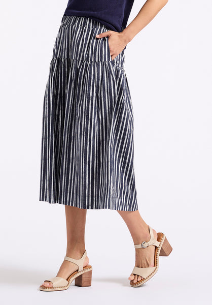 Buffalo David Bitton Lupita Women's Striped Tiered Midi Skirt color MOOD INDIGO