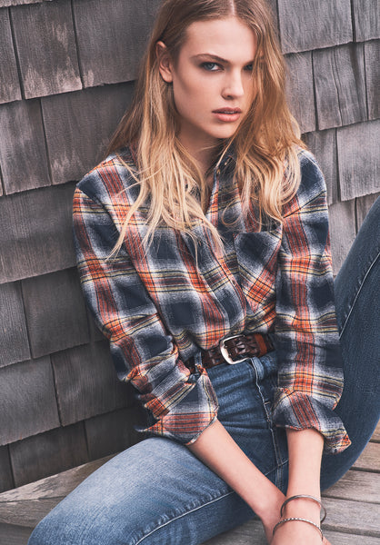 Buffalo David Bitton Percy Navy Orange Plaid Women's Button Down Shirt - WT0072F Color NAVY ORG PLAID