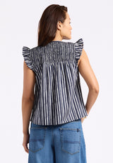 Buffalo David Bitton Alda Women's Striped Flutter-Sleeve Top with Smocked Details color MOOD INDIGO
