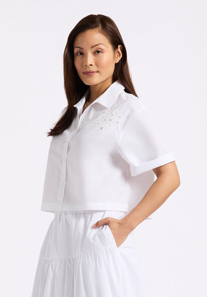 Buffalo David Bitton Sorcha Women's Short-Sleeve Cropped Shirt with Embroidered Floral Details color WHITE