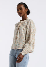 Buffalo David Bitton Maylah Women's Floral Print Long-Sleeve Smocked Blouse color BLURRDLFLORALTAN