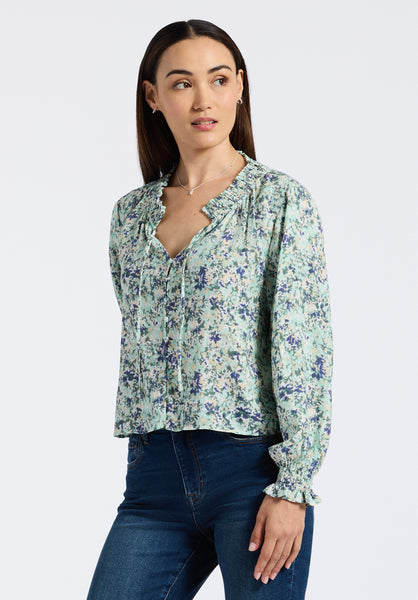 Buffalo David Bitton Maylah Women's Floral Print Long-Sleeve Smocked Blouse color BLURREDFLORALGR