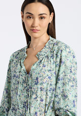 Buffalo David Bitton Maylah Women's Floral Print Long-Sleeve Smocked Blouse color BLURREDFLORALGR