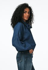 Carissa Women's Denim Blouse with Bow Neck and Voluminous Sleeves color DARK DENIM
