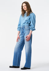 Lowen Women's Ruffled Tie-Neck Denim Blouse color TRUE BLUE