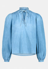 Lowen Women's Ruffled Tie-Neck Denim Blouse color TRUE BLUE