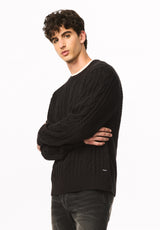 Wicap Men's Cable Knit Crew Neck Sweater, Black - BM24913