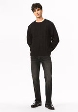 Wicap Men's Cable Knit Crew Neck Sweater, Black - BM24913