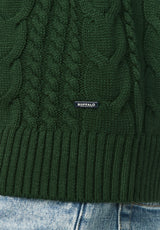 Wicap Men's Cable Knit Crew Neck Sweater, Dark Green - BM24913