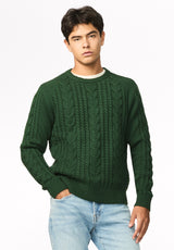 Wicap Men's Cable Knit Crew Neck Sweater, Dark Green - BM24913