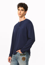 Kambo henley côtelé à manches longues pour homme, Bleu marine - BM24974