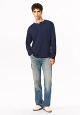 Kambo henley côtelé à manches longues pour homme, Bleu marine - BM24974