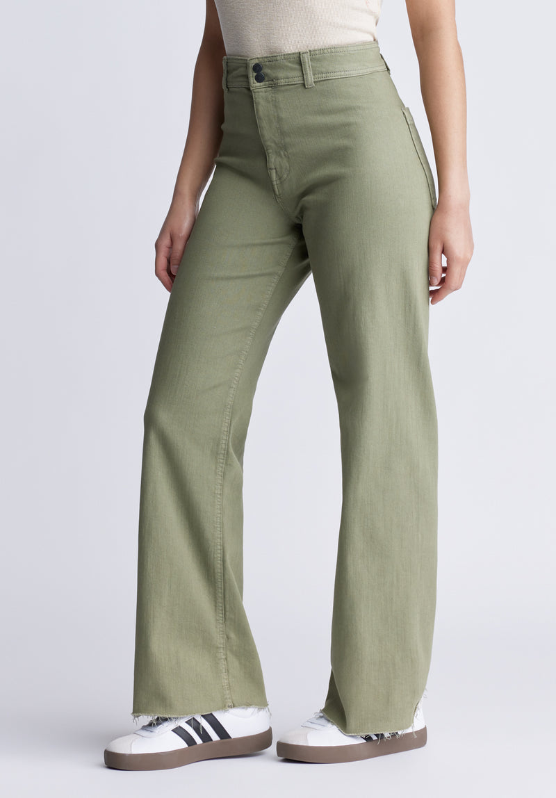 Pantalon taille haute pour femme Adele en vert olive délavé - BL15883