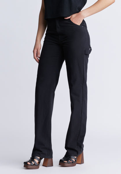 Pantalon droit et large pour femme à taille très haute Jane, noir - BL15966
