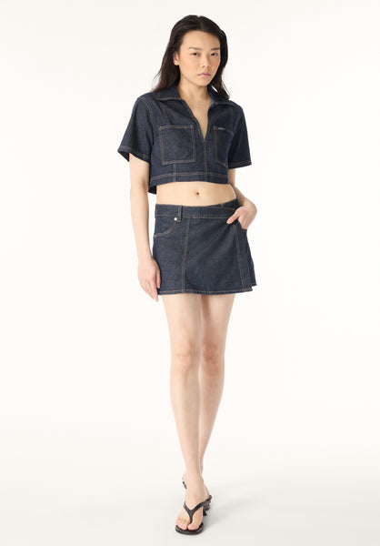 Selena Women's Denim Cropped Top with Patch Pockets, Indigo - BL16016