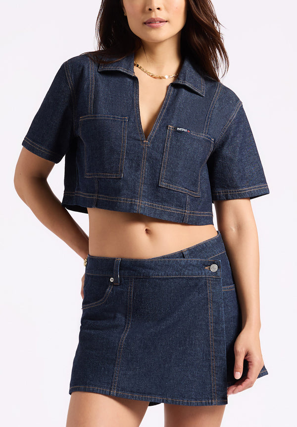 Buffalo David Bitton Selena Women's Denim Cropped Top with Patch Pockets color INDIGO