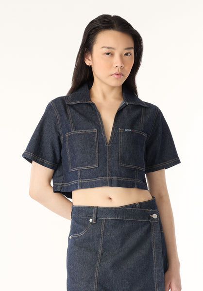Selena Women's Denim Cropped Top with Patch Pockets, Indigo - BL16016