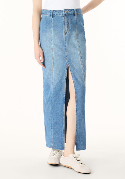 Sylvie Women's Mid Waist Maxi Denim Skirt, Whiskered and Worn - BL16031