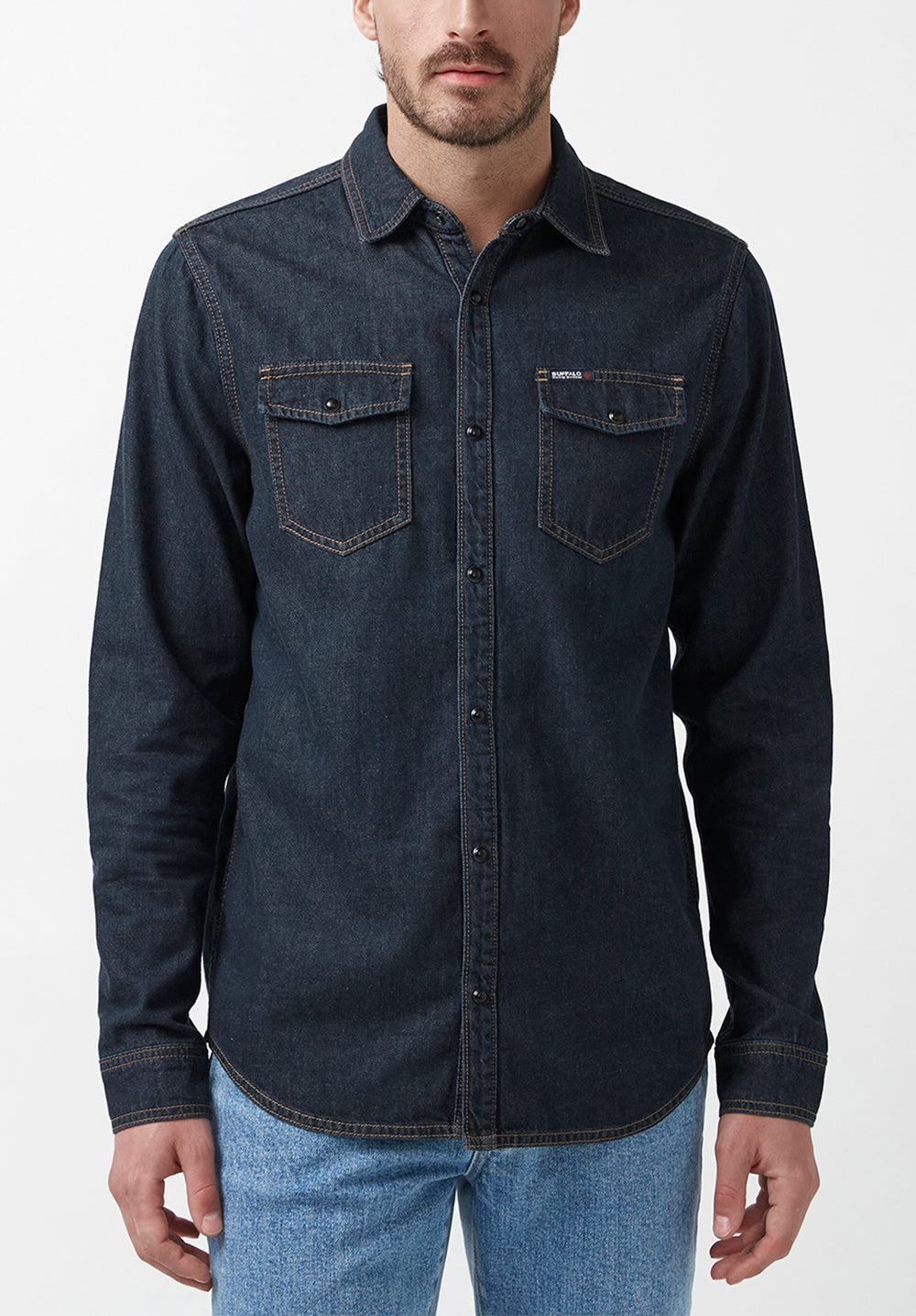 Top Long Sleeve Maong Blue Double Pocket Long Sleeve Denim Shirt
