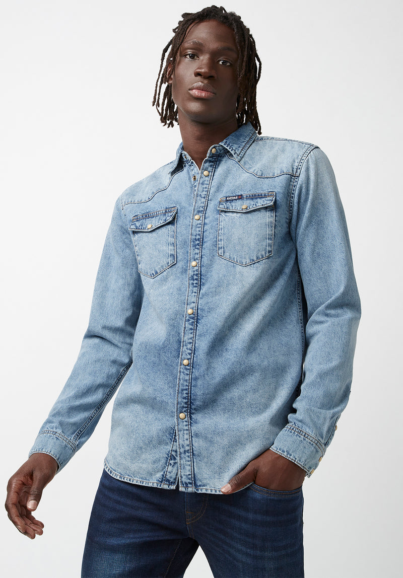 Dudi blue denim-style double-side flap pocket full-sleeve regular fit  cotton casual shirt