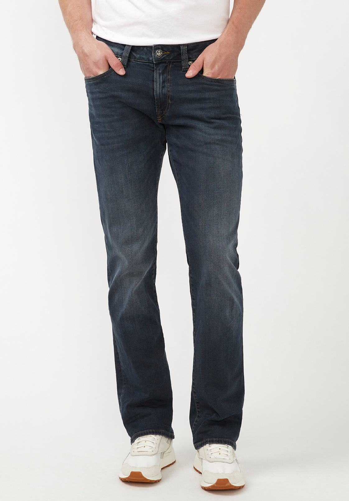 buffalo david bitton Slim Bootcut King Men's Jeans in Crinkled and Sanded Dark Blue