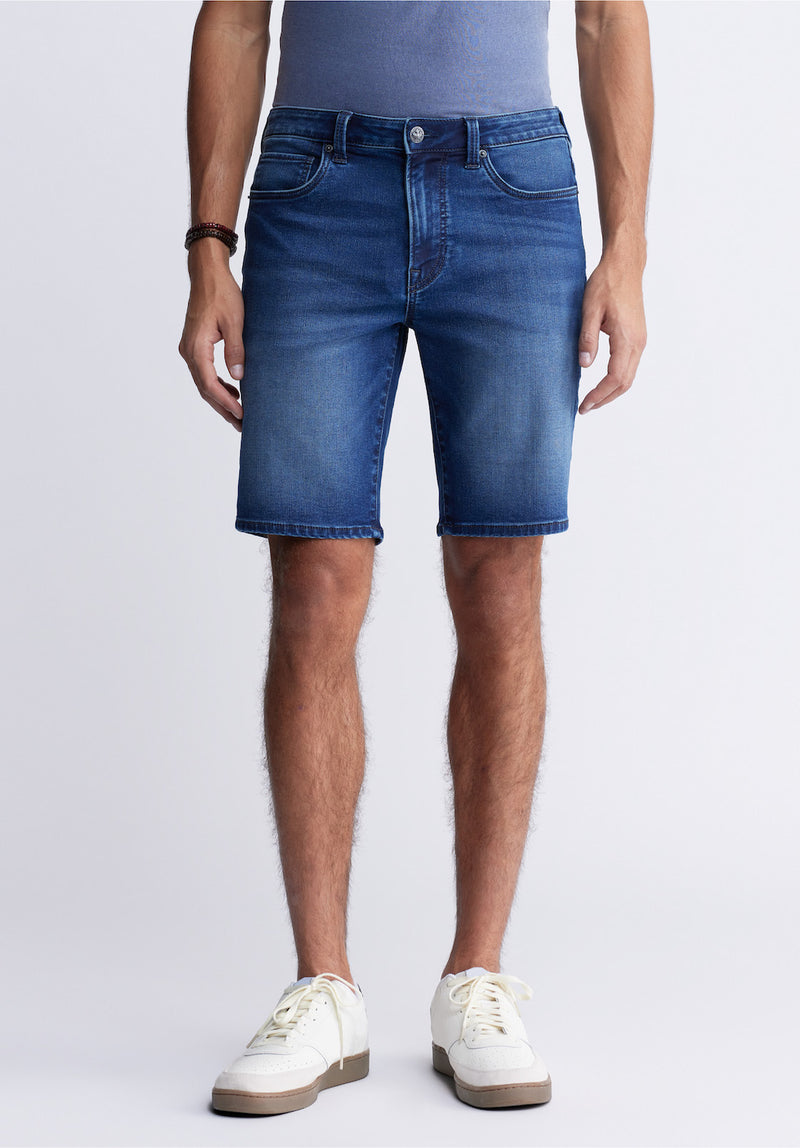 Buffalo David BittonRelaxed Straight Dean Men's Fleece Denim Shorts in Sanded Blue - BM22949 Color INDIGO