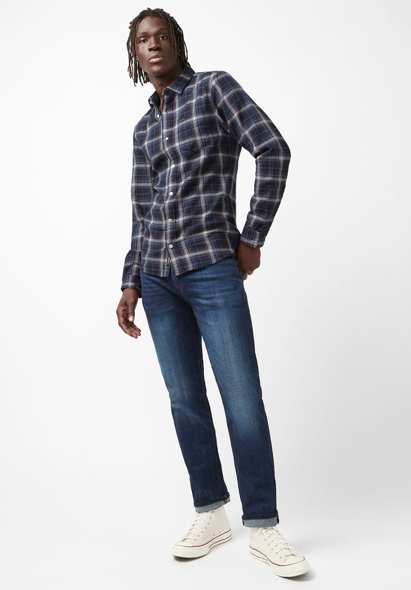 Dark blue plaid shirt mens best sale