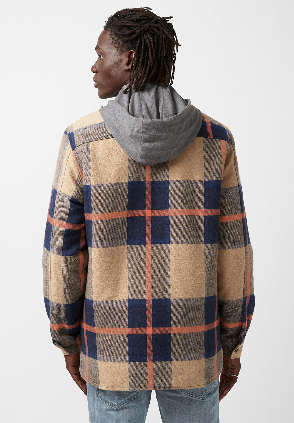 Jiref Men s Shacket in Tan Navy Plaid BM24048
