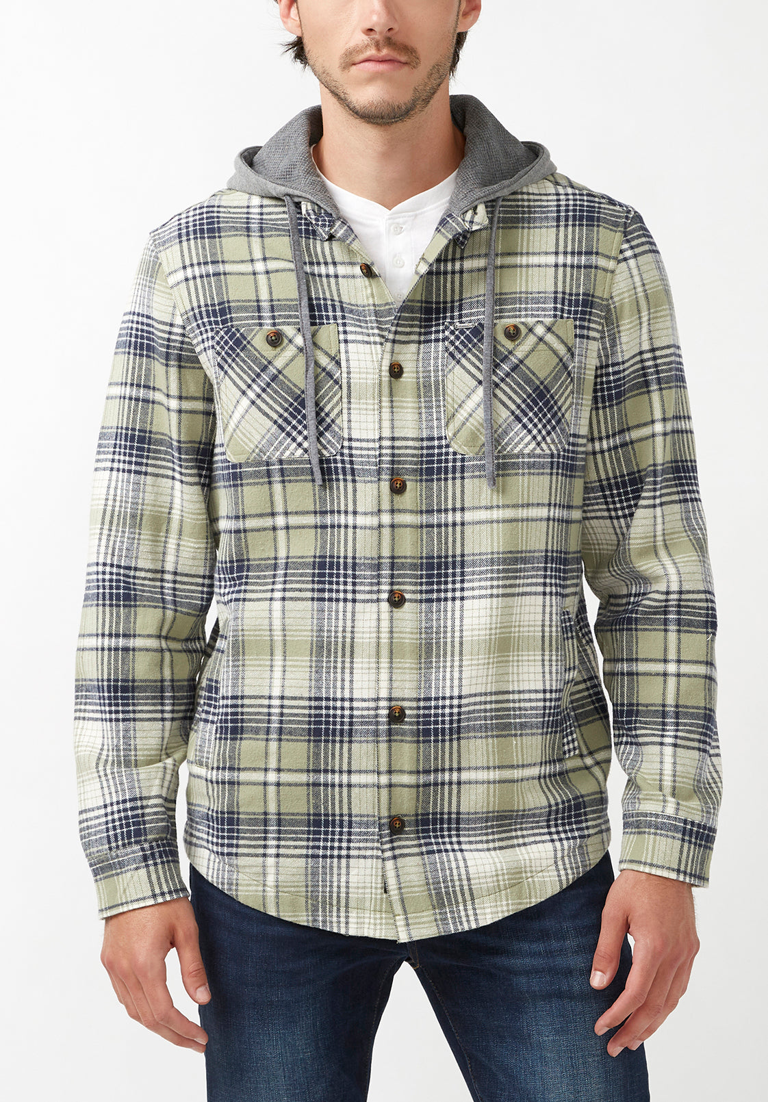buffalo david bitton Jarvis Men's Hoodie Shacket in Green Grey Plaid