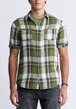Sachino Men's Short Sleeve Plaid Shirt in Moss Green - BM24277
