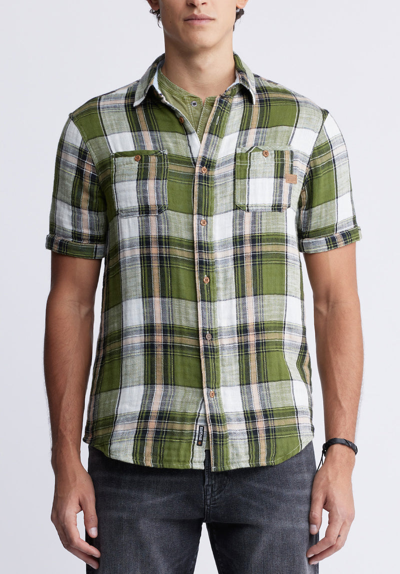 Buffalo David BittonSachino Men's Short Sleeve Plaid Shirt in Moss Green - BM24277 Color SPHAGNUM
