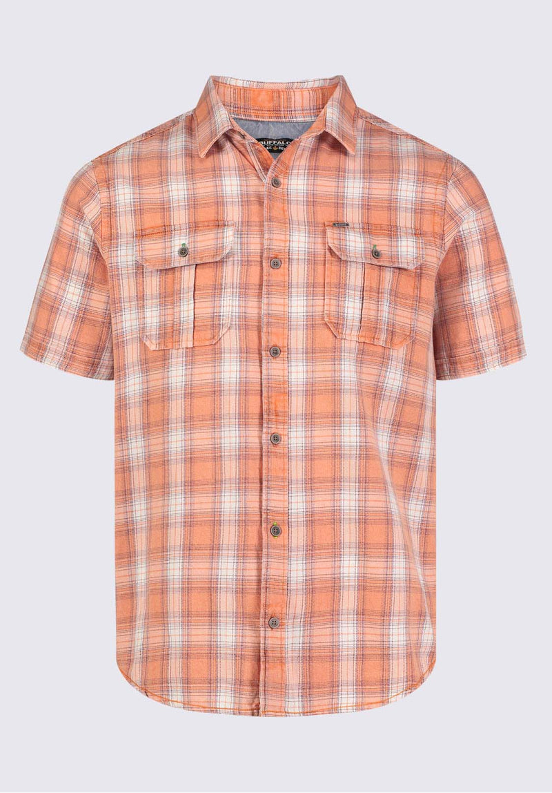 Buffalo David BittonSazid Men's Short Sleeve Plaid Shirt in Tangerine - BM24281 Color 