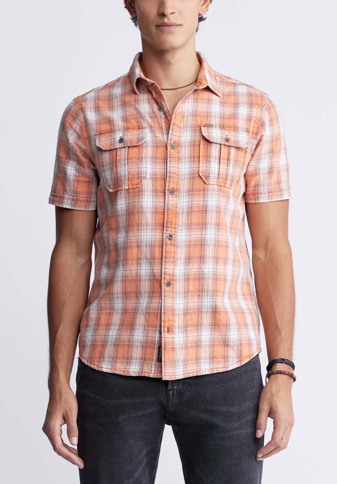 buffalo david bitton Sazid Men's Short Sleeve Plaid Shirt in Tangerine