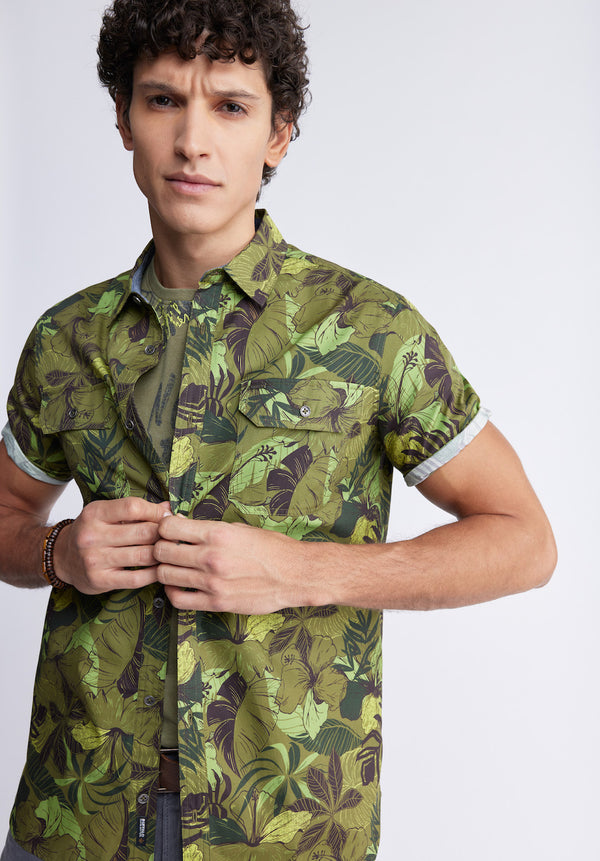 Buffalo David BittonSayool Men’s Woven Short Sleeve Shirt in Leaf Print, Moss Green - BM24282 Color SPHAGNUM