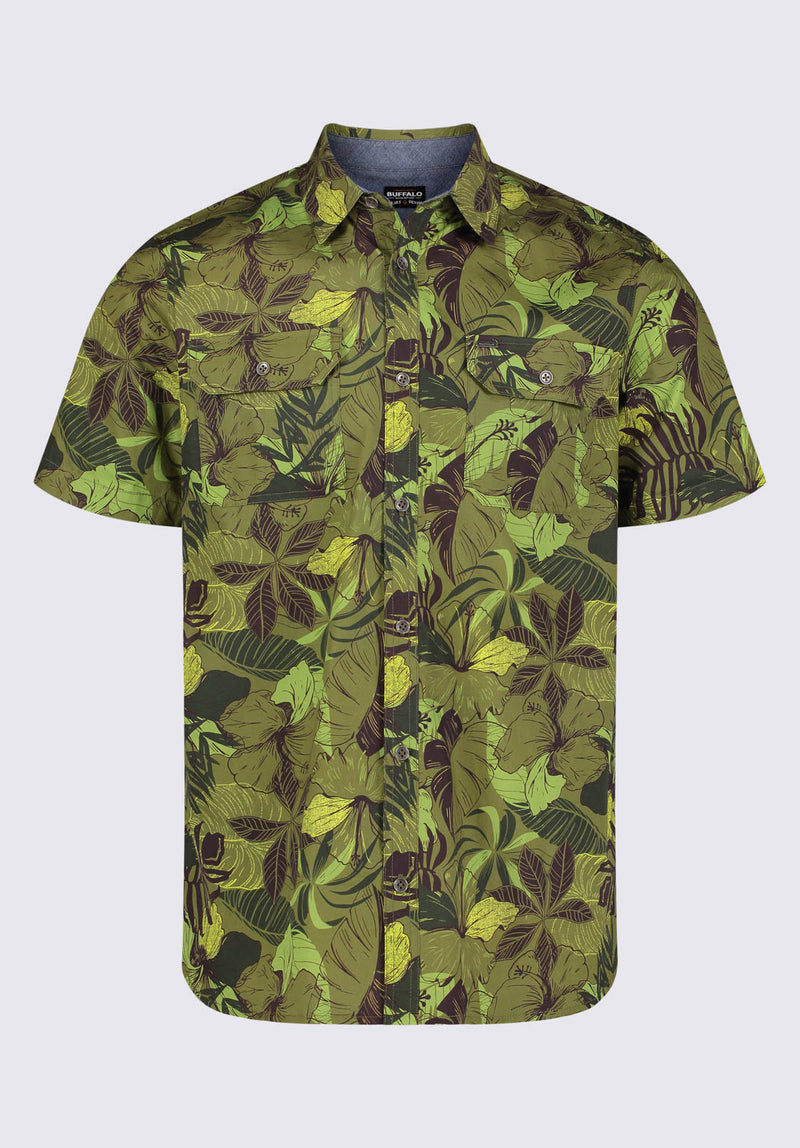 Buffalo David BittonSayool Men’s Woven Short Sleeve Shirt in Leaf Print, Moss Green - BM24282 Color 