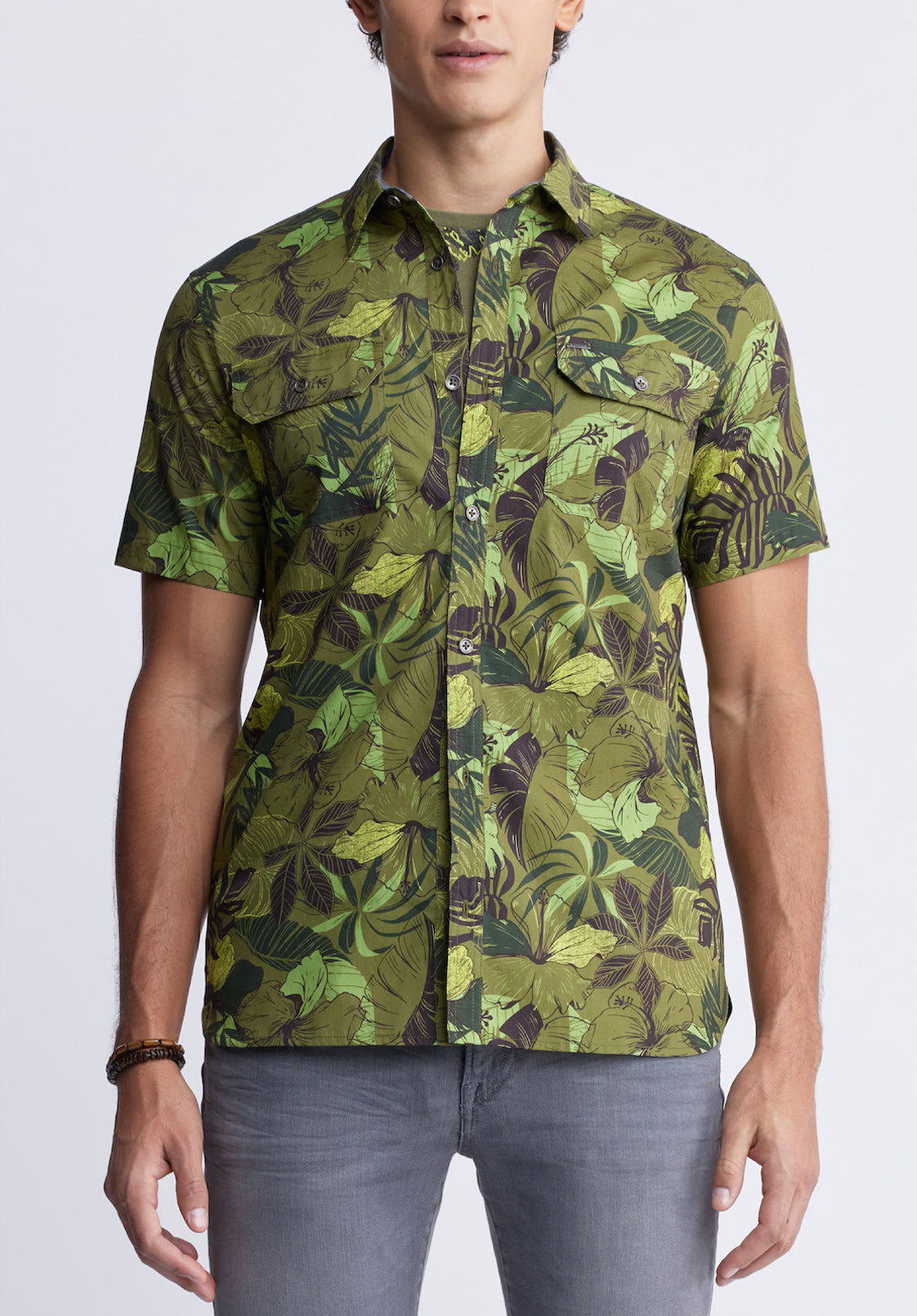 buffalo david bitton Sayool Men’s Woven Short Sleeve Shirt in Leaf Print Moss Green
