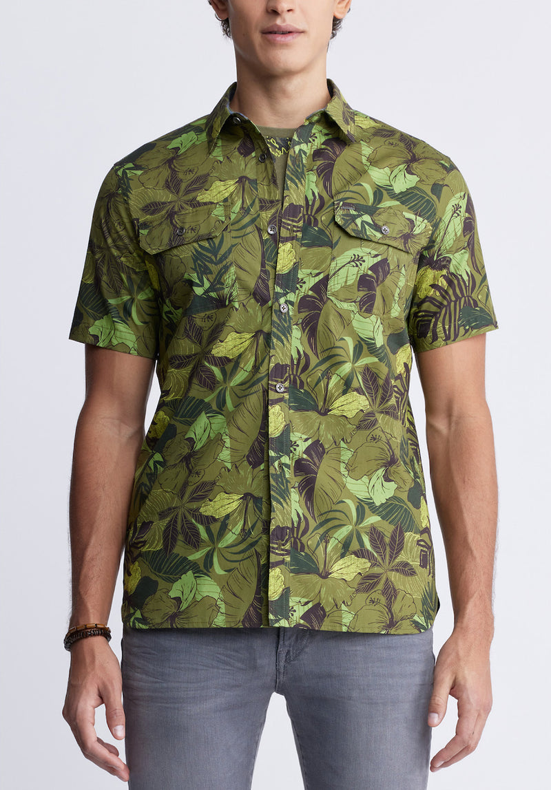 Buffalo David BittonSayool Men’s Woven Short Sleeve Shirt in Leaf Print, Moss Green - BM24282 Color SPHAGNUM