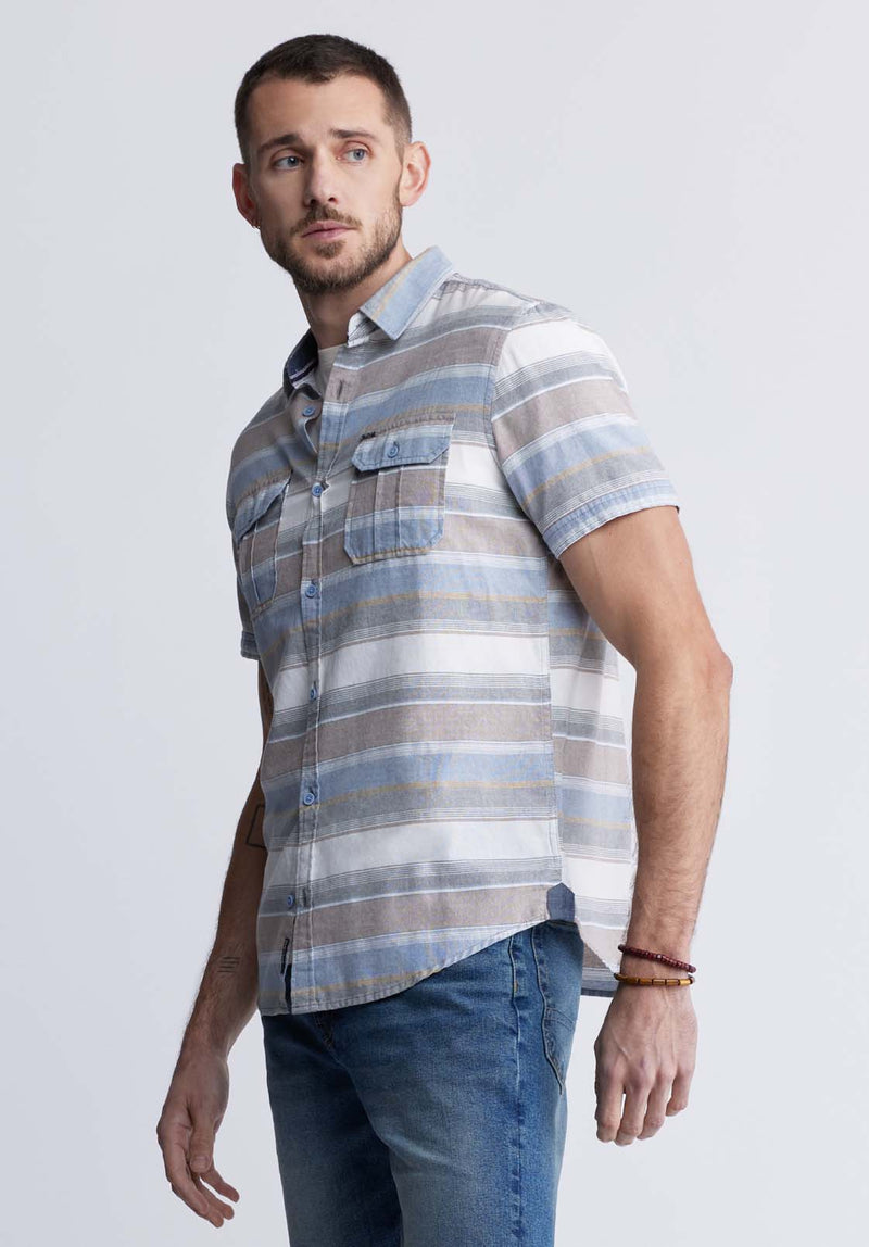 Sodhi Men's Short Sleeve Striped Shirt, Mirage Blue - BM24289
