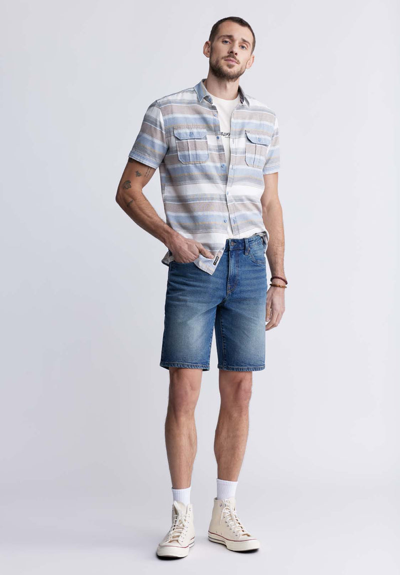 Sodhi Men's Short Sleeve Striped Shirt, Mirage Blue - BM24289