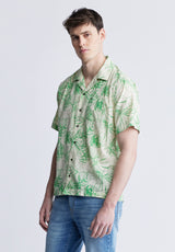 Suresh Men's Short Sleeve Camp Shirt, Beige with Green Print - BM24293