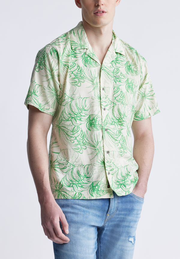 Suresh Men's Short Sleeve Camp Shirt, Beige with Green Print - BM24293