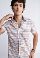 Buffalo David BittonSotaro Men's Short Sleeve Striped Shirt in Peach Sunset - BM24301 Color SUNSET PURPLE