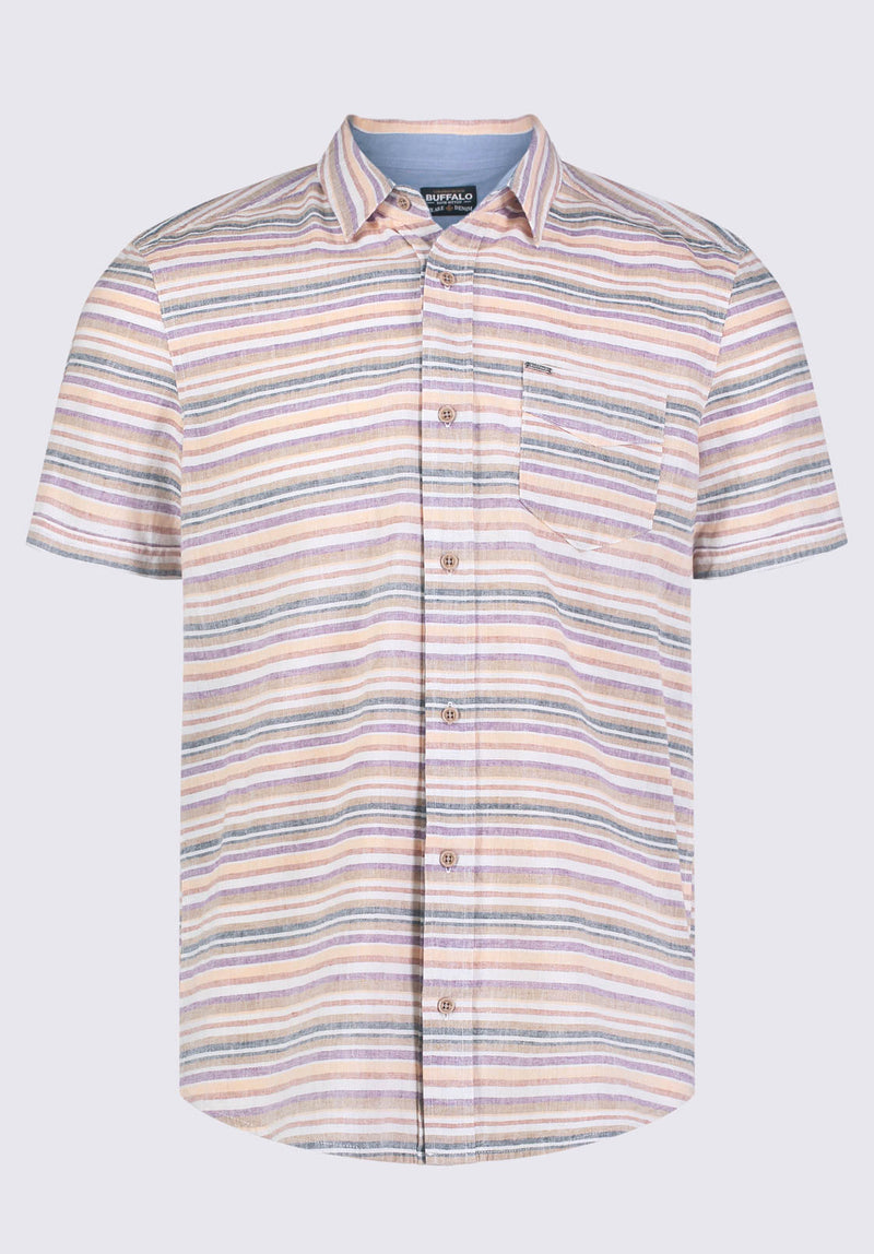 Buffalo David BittonSotaro Men's Short Sleeve Striped Shirt in Peach Sunset - BM24301 Color 