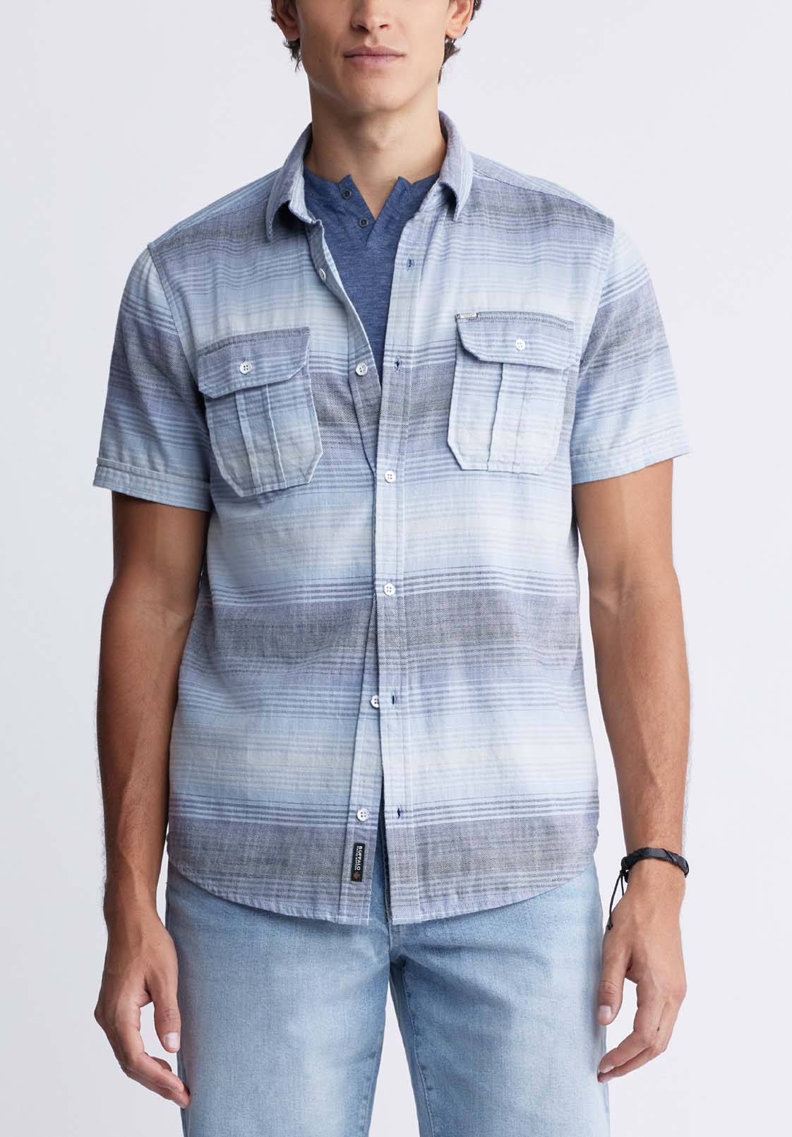 buffalo david bitton Siboa Men's Short Sleeve Striped Shirt in Mirage Blue