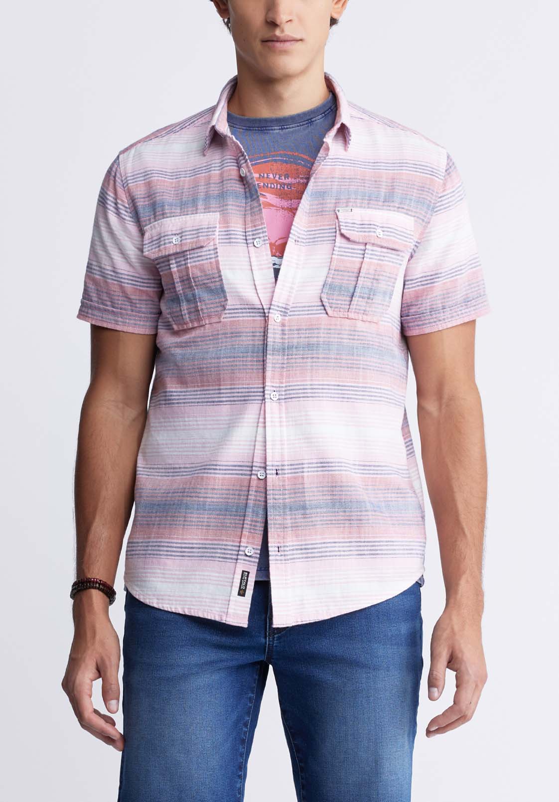 buffalo david bitton Siboa Men's Short Sleeve Striped Shirt in Mineral Red