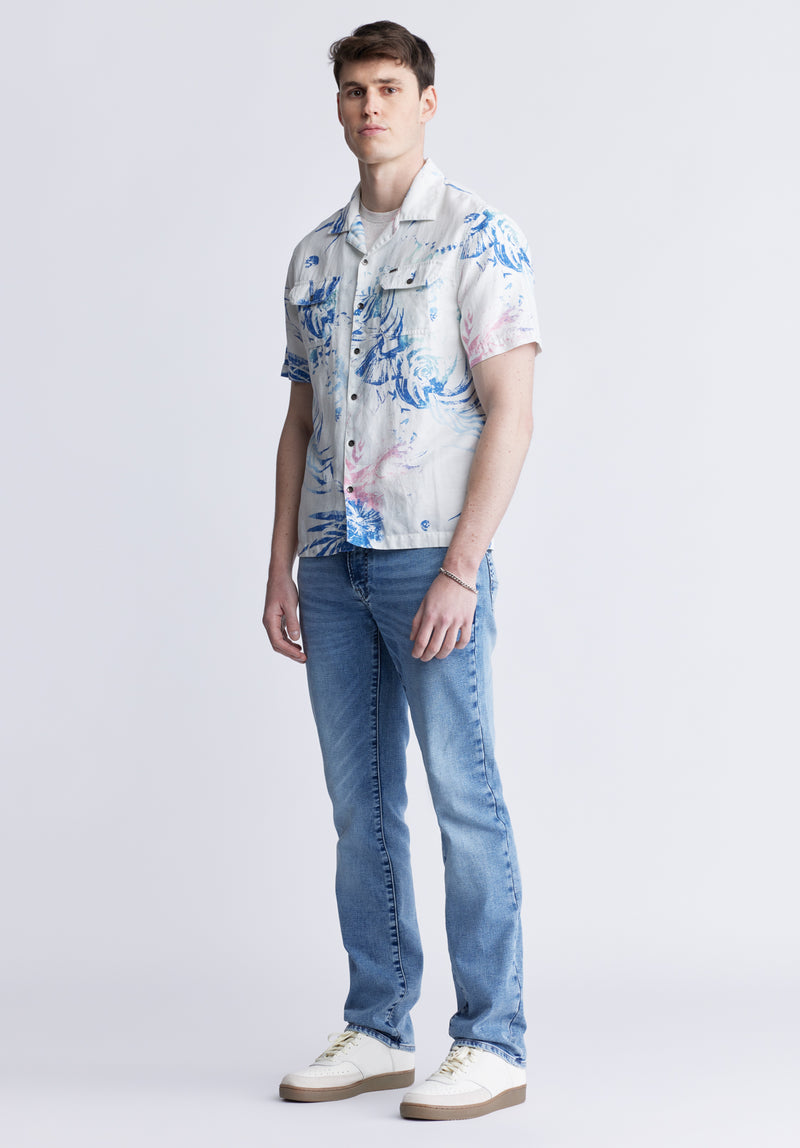 Salaman Men's Short Sleeve Shirt, White with Blue Print - BM24363