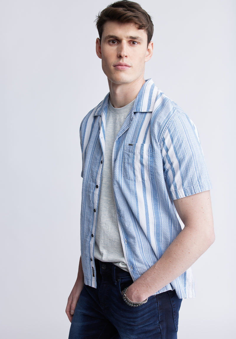 Buffalo Jeans Men s Sinap Short Sleeve Striped Shirt Blue And White Size XL