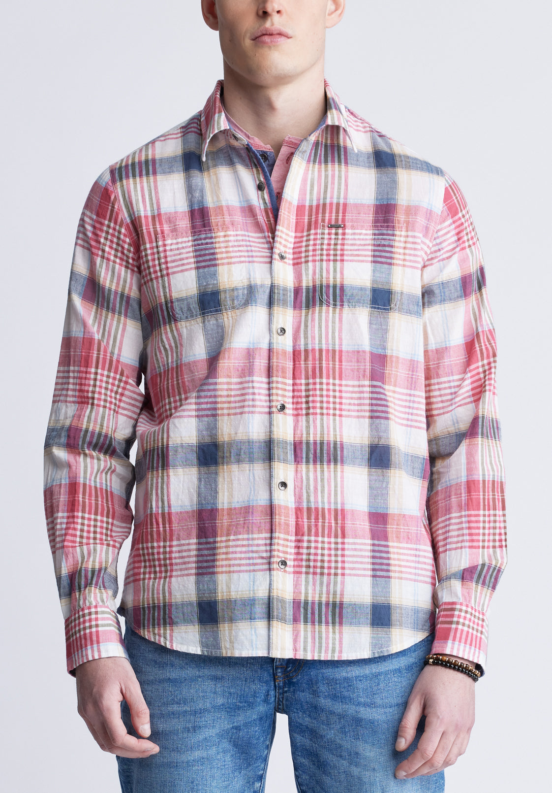 buffalo david bitton Sizar Men's Long Sleeve Plaid Shirt White with Pink and Blue