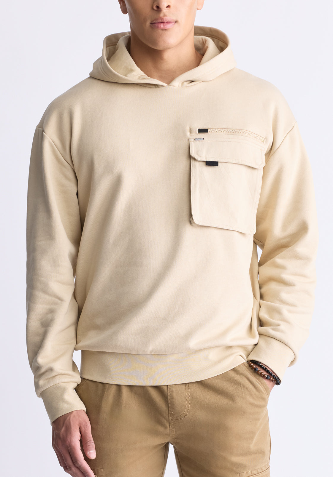 buffalo david bitton Fabio Men's Hooded Sweatshirt with Chest Pocket Cream
