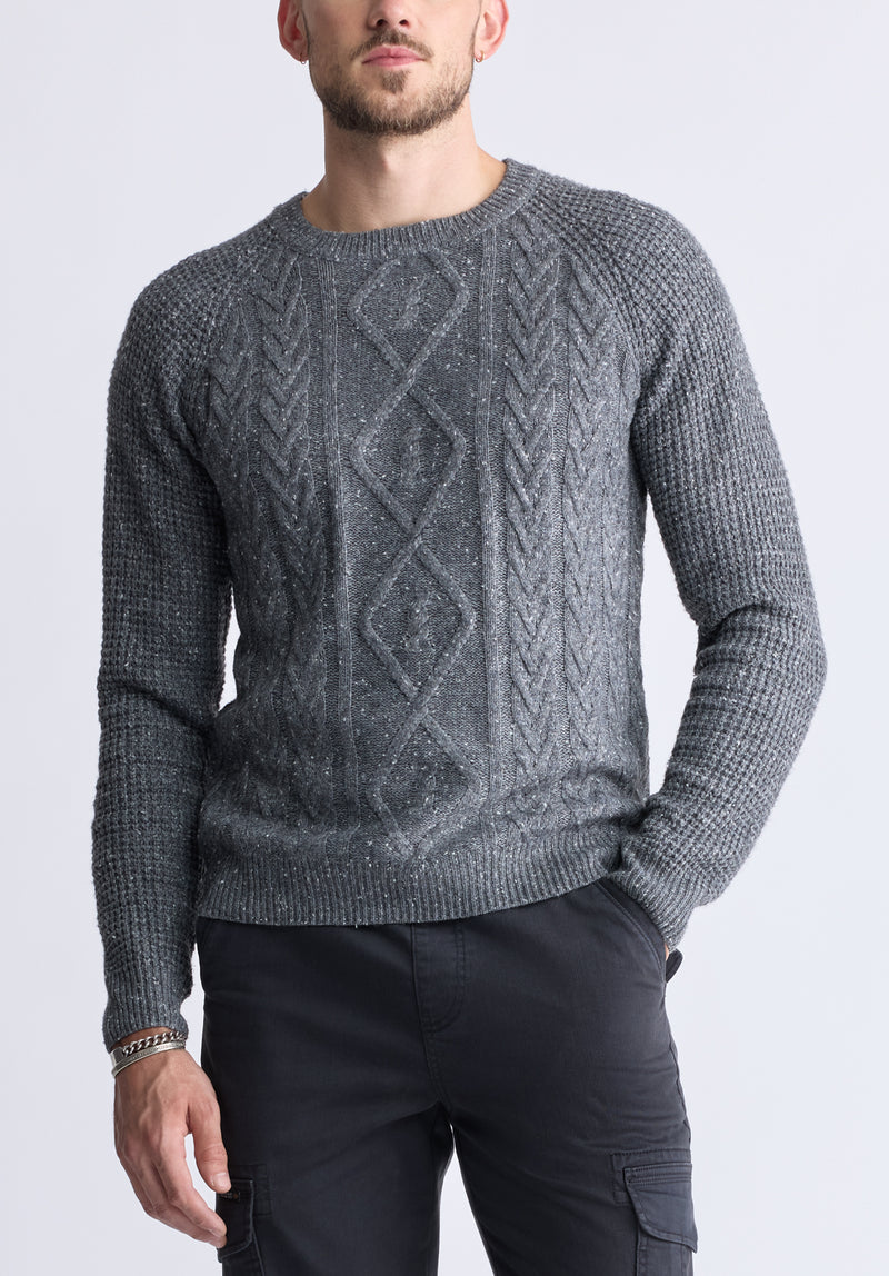 Wallaby Men's Nep Yarn Cable Knit Crewneck Sweater, Grey BM24417